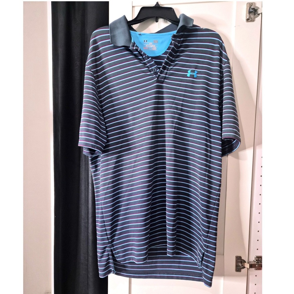 Under Armour Loose Fit HeatGear‎ Golf Polo Shirt Blue Stripe LG G G